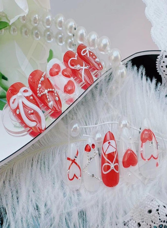 BSBTBZ 24pcs Valentine's Press On Nails Set Medium Almond Fake Nails 3D Love, Bow, Pearl & Gem Beads Rhinestones Design French False Nails Y2k Handmade Holiday Nail Red Heart Glue on Nails for Women - Image 4